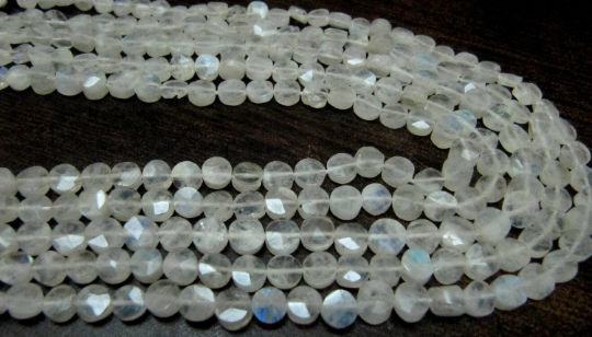 Natural White Rainbow Moonstone Coin shape Faceted Beads 5-6mm Strand 14''long