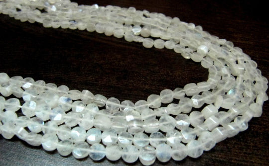 Natural White Rainbow Moonstone Coin shape Faceted Beads 5-6mm Strand 14''long