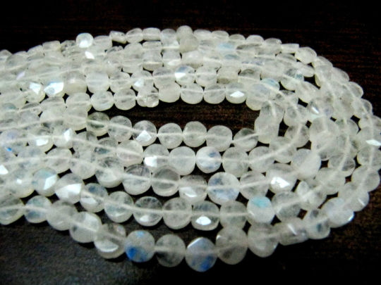 Natural White Rainbow Moonstone Coin shape Faceted Beads 5-6mm Strand 14''long