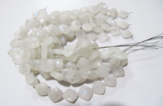 Natural White Rainbow Moonstone Cushion Shape Faceted11-12mm Strand 8