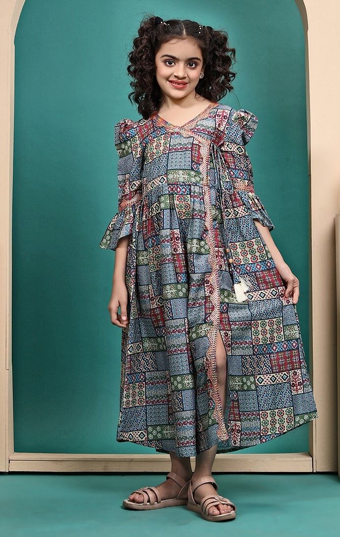 Girls Maslin Green Printed Maxi Dress