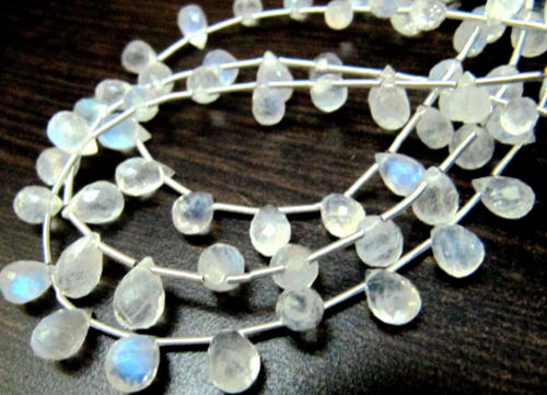 White Rainbow Blue Flashy Moonstone Drop Shape 6x8mm to 8x10mm Strand 8''