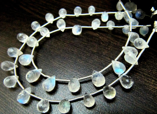 White Rainbow Blue Flashy Moonstone Drop Shape 6x8mm to 8x10mm Strand 8''