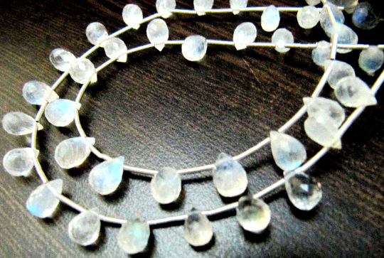 White Rainbow Blue Flashy Moonstone Drop Shape 6x8mm to 8x10mm Strand 8''