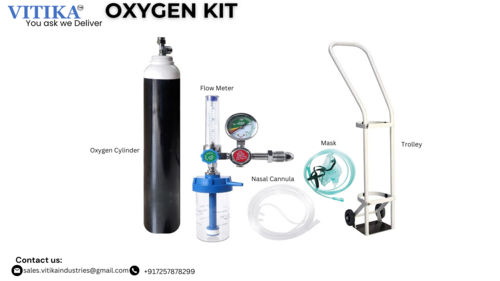 Oxygen Kit - Steel Material, 150x40x60 cm Dimensions, Black & White Color | Includes Cylinder, Flow Meter, Trolley, Cannula, Mask, Key