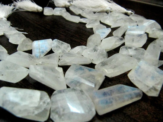 Natural white Rainbow Moonstone Nugget Faceted10to25mm beads Strand 8''long