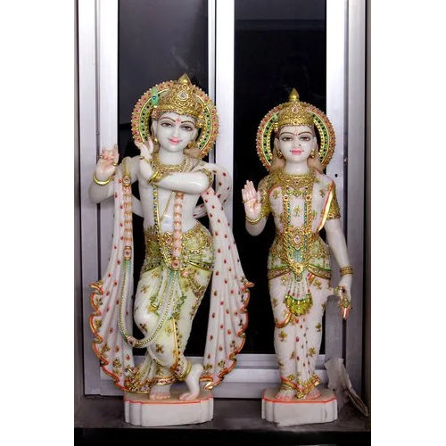 12Inch White Marble With Multicolor Radha Krishna Statue - Feature: Easy To Clean