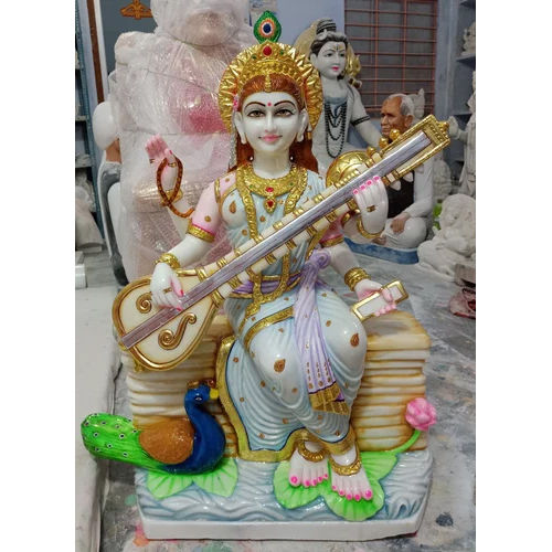 White Marble Saraswati Statue - Feature: Moisture Proof