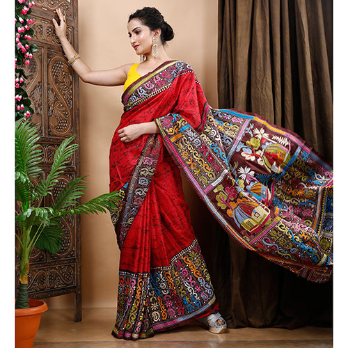 Ladies Kantha Stitch Saree - Material: Silk