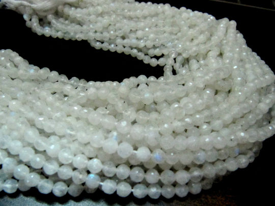 Natural White Rainbow Moonstone Round Faceted 4-5mm Beads Strand13''long