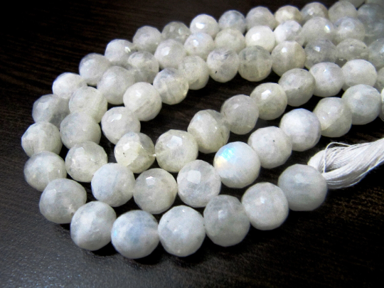 Natural White Rainbow Moonstone Round Faceted 8-10mm beads Strand 10''