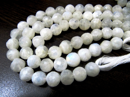 Natural White Rainbow Moonstone Round Faceted 8-10mm beads Strand 10''