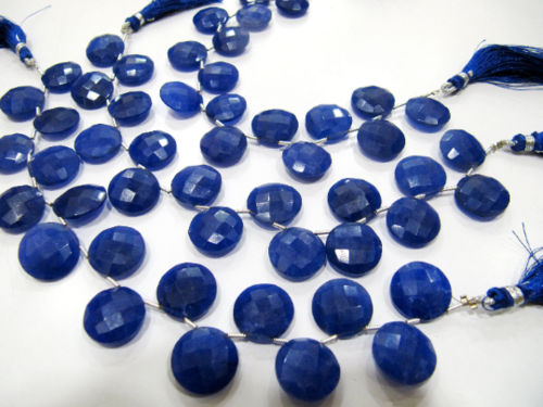 Dyed Blue Sapphire Corundum Round Coin Shape Faceted 15mm strand 8''long