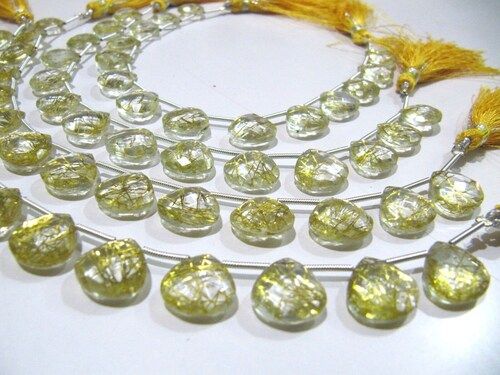 Golden Rutilated Hydro Quartz Heart Shape 11-12 mm Beads Strand 8 Inch Long