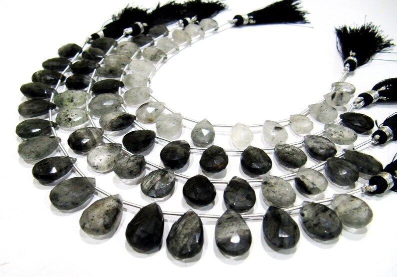 Natural Black Rutilated Quartz Pear Shape10x13 to 11x16mm Beads Strand 8''long