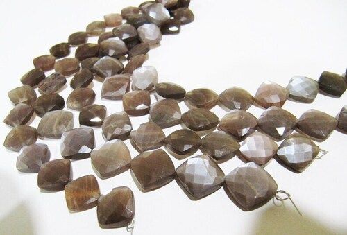 Natural Chocolate Moonstone Cushion Shape 11-12mm Faceted beads strand 8''