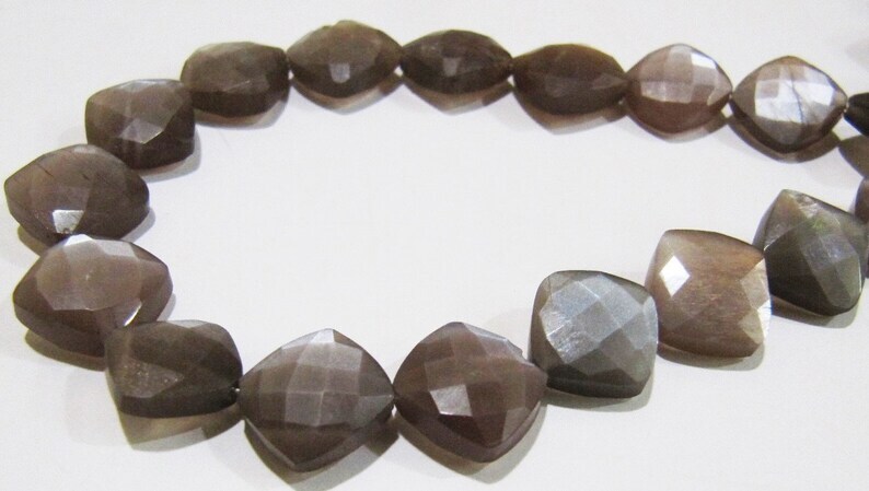 Natural Chocolate Moonstone Cushion Shape 11-12mm Faceted beads strand 8''