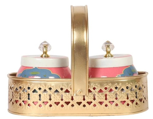 Metal Gold And Pink Mina Sticker Pichwai Dry Fruit Tray with Jar Set Of 2 With Gold Tray