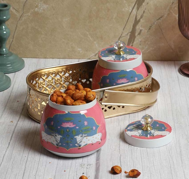 Metal Gold And Pink Mina Sticker Pichwai Dry Fruit Tray with Jar Set Of 2 With Gold Tray