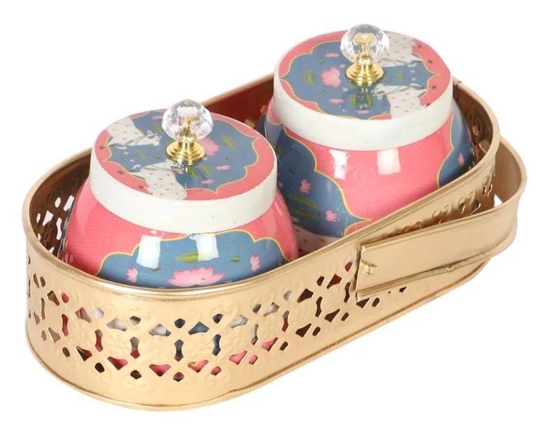 Metal Gold And Pink Mina Sticker Pichwai Dry Fruit Tray with Jar Set Of 2 With Gold Tray