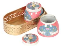 Metal Gold And Pink Mina Sticker Pichwai Dry Fruit Tray with Jar Set Of 2 With Gold Tray