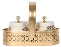 Metal Mina Sticker Pichwai Dry Fruit Tray with Jar Set Of 2 With Gold Tray: