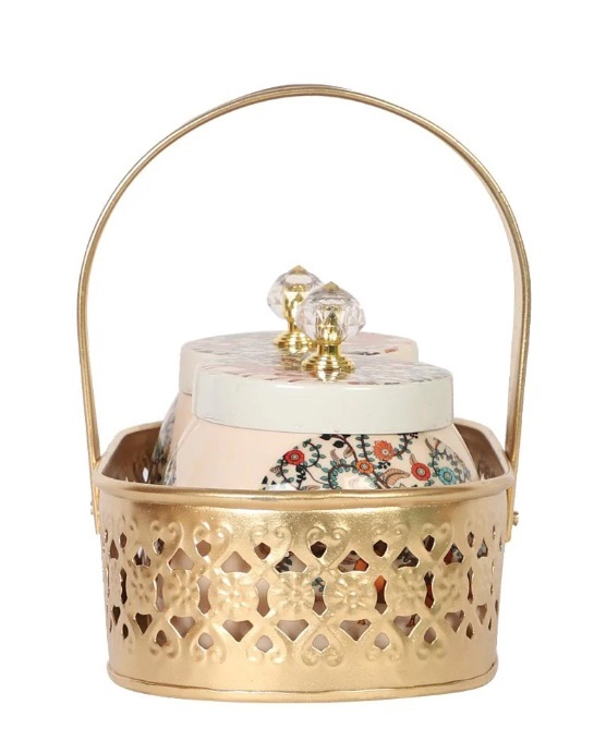 Metal Mina Sticker Pichwai Dry Fruit Tray with Jar Set Of 2 With Gold Tray: