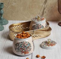 Metal Mina Sticker Pichwai Dry Fruit Tray with Jar Set Of 2 With Gold Tray: