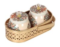 Metal Mina Sticker Pichwai Dry Fruit Tray with Jar Set Of 2 With Gold Tray: