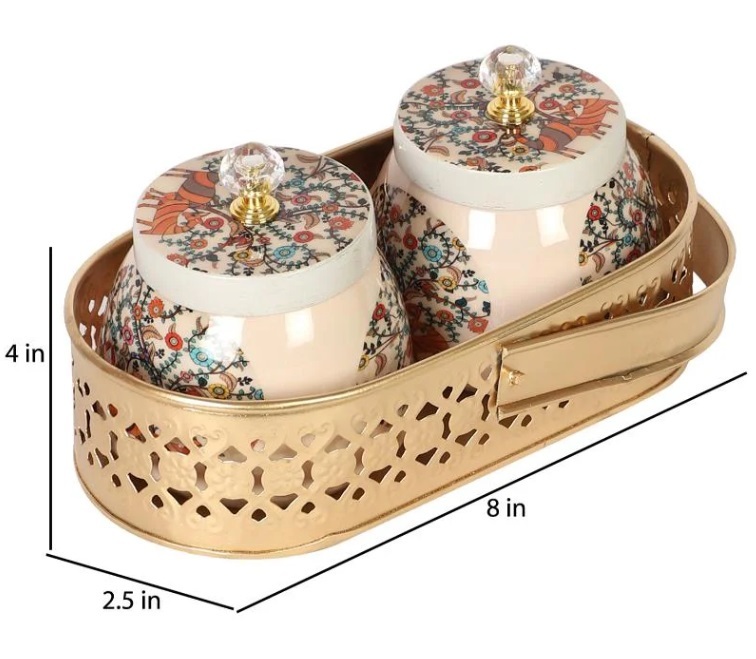 Metal Mina Sticker Pichwai Dry Fruit Tray with Jar Set Of 2 With Gold Tray: