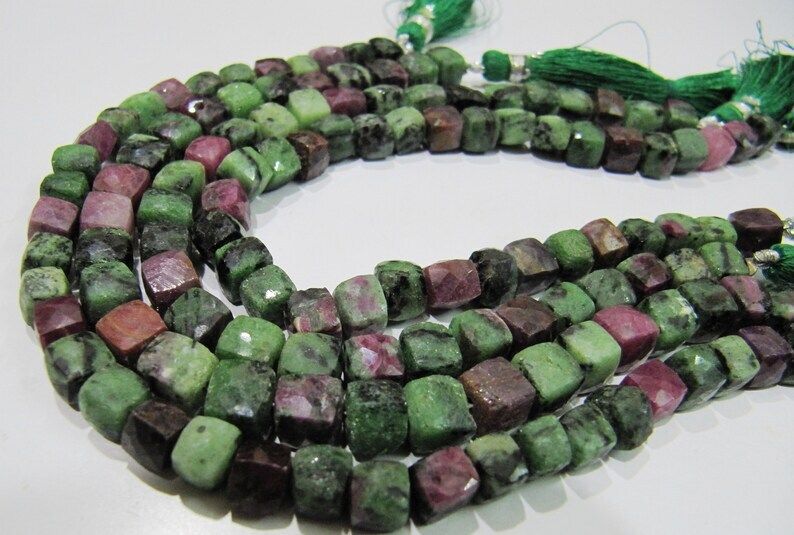 Natural Ruby Zoisite Cube Shape 6 to 7 mm  Faceted 3D Box Beads Strand 8''long