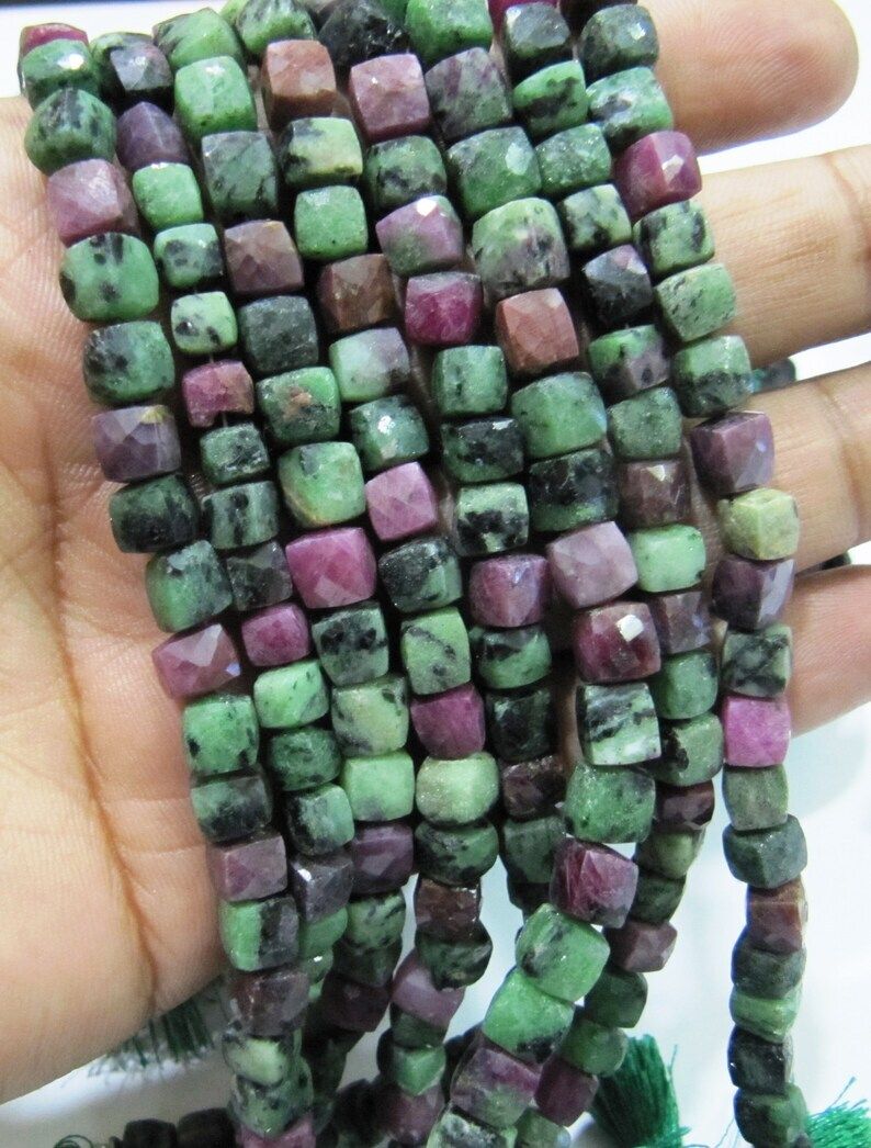 Natural Ruby Zoisite Cube Shape 6 to 7 mm  Faceted 3D Box Beads Strand 8''long