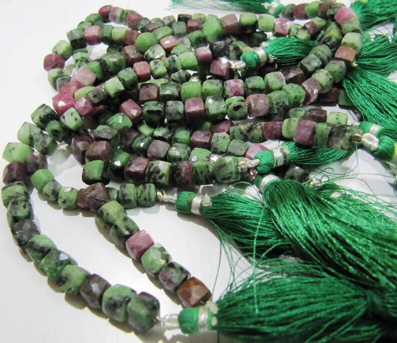 Natural Ruby Zoisite Cube Shape 6 to 7 mm  Faceted 3D Box Beads Strand 8''long