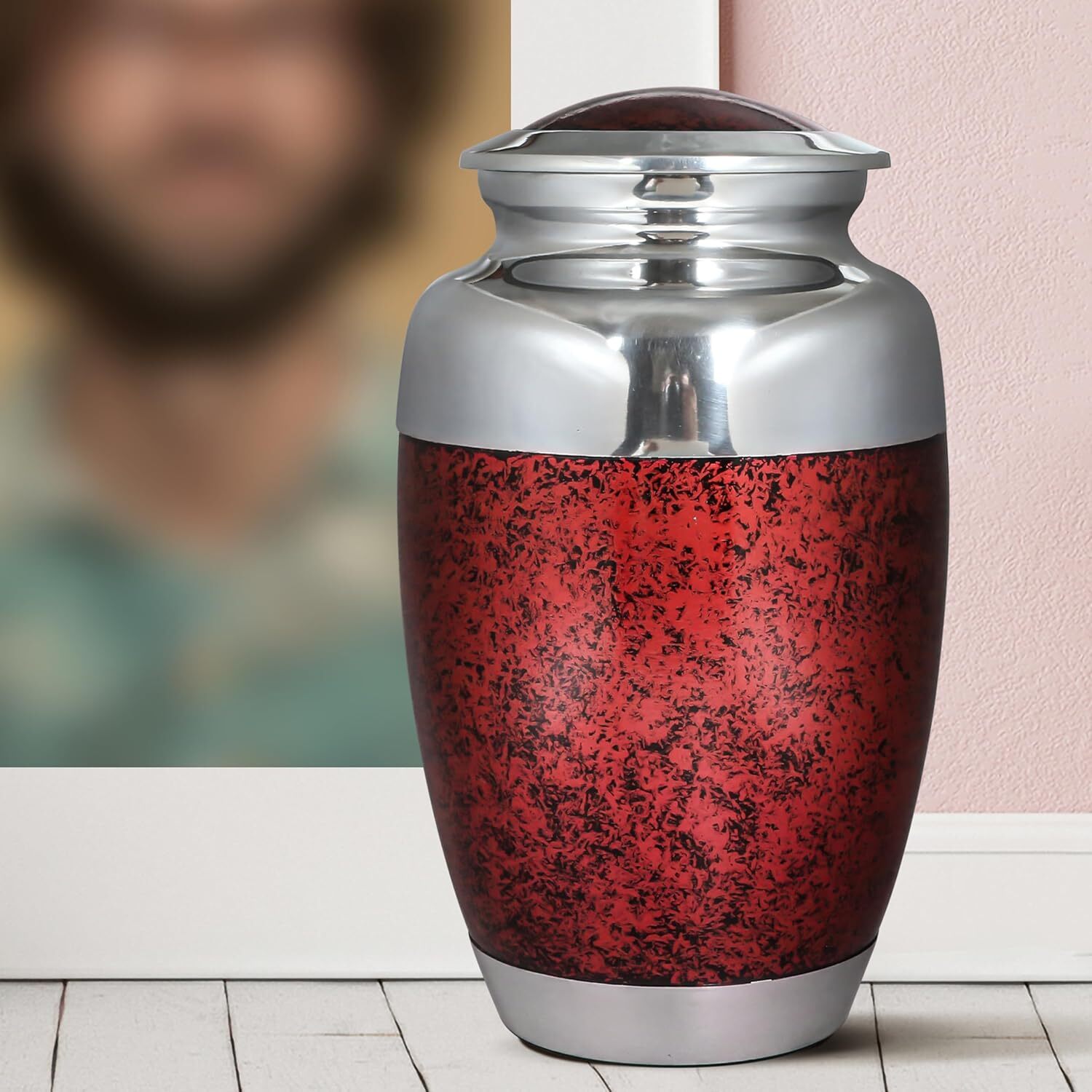 Red & Silver Aluminium Adult Cremation Urn for Human Ashes - Bulk Funeral Urns Supplies