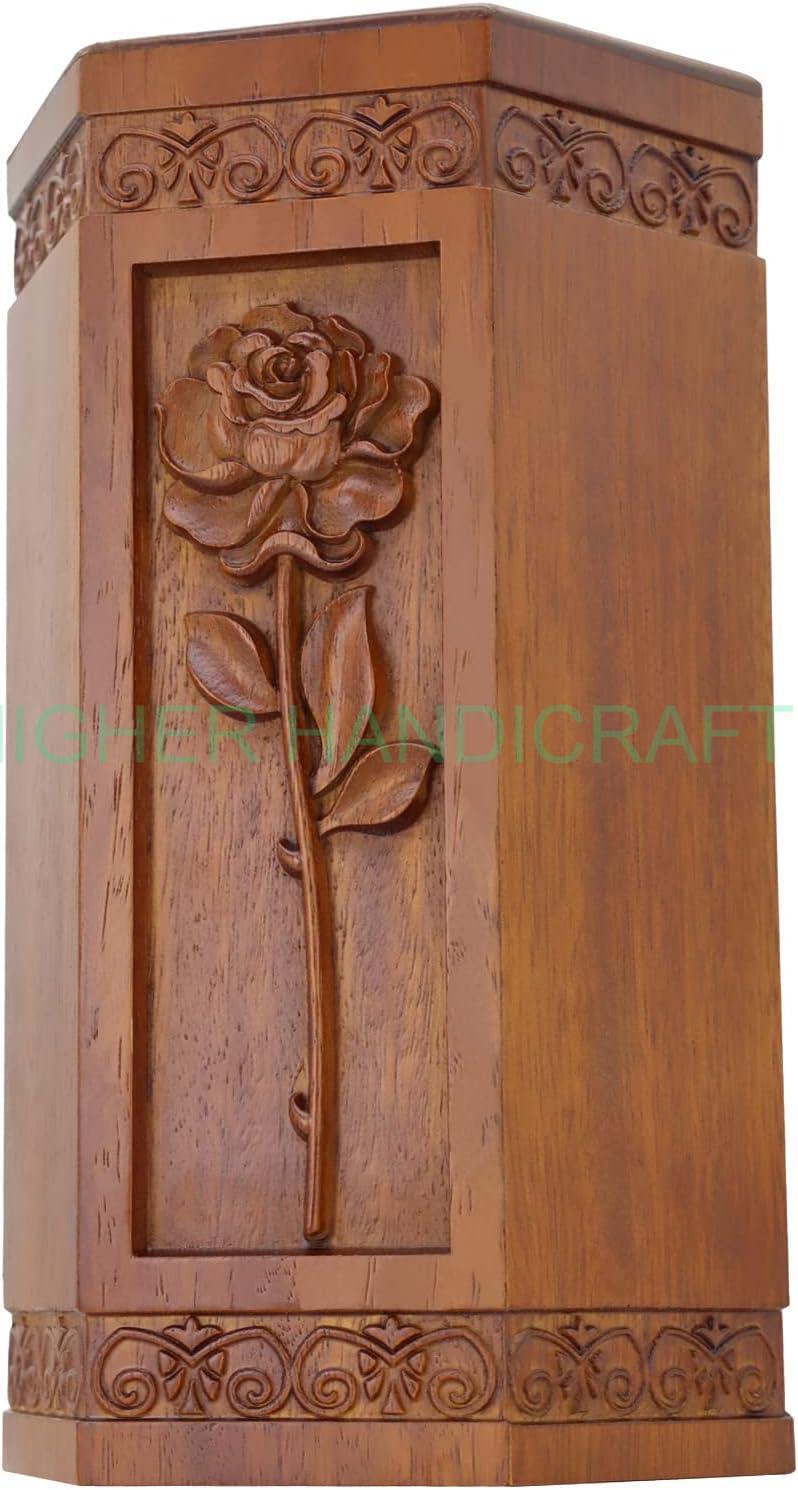 Wooden Cremation Urn for Ashes - Rose Carved Wood Funeral Urns for Adults Ashes