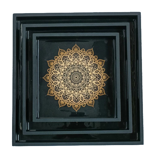 Wooden Square Print Serving 3 Piece Tray Set - Color: Brown