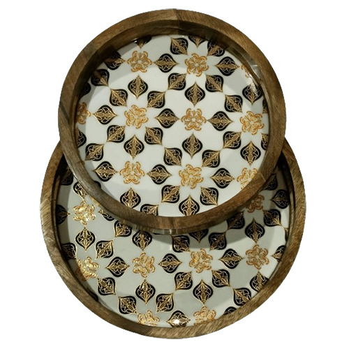 04_Mango Wood Round Shape Multiple Print Enamel Striker 2 Piece Service Tray Set