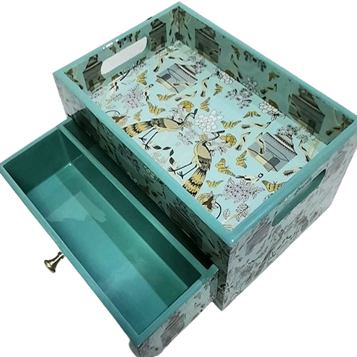 Multicolor Printed Wooden Tray With Drawer