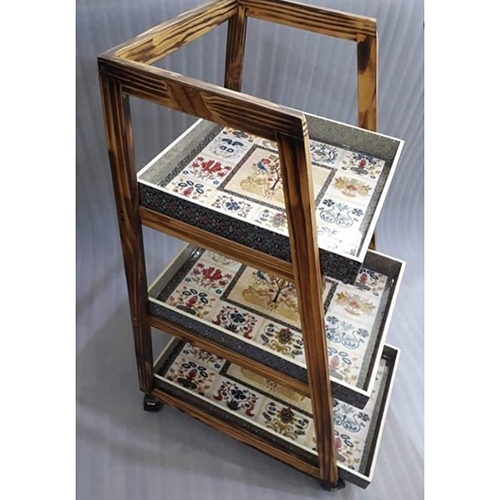 Wooden Pine Wood Trolley With Printed Trays