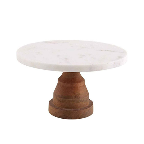 Elegant White Marble Cake Stand With Wooden Daya