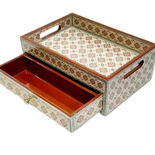 Multicolor Printed Wooden Tray With Drawer