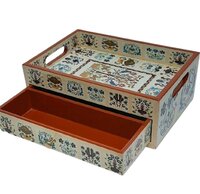 Multicolor Printed Wooden Tray With Drawer