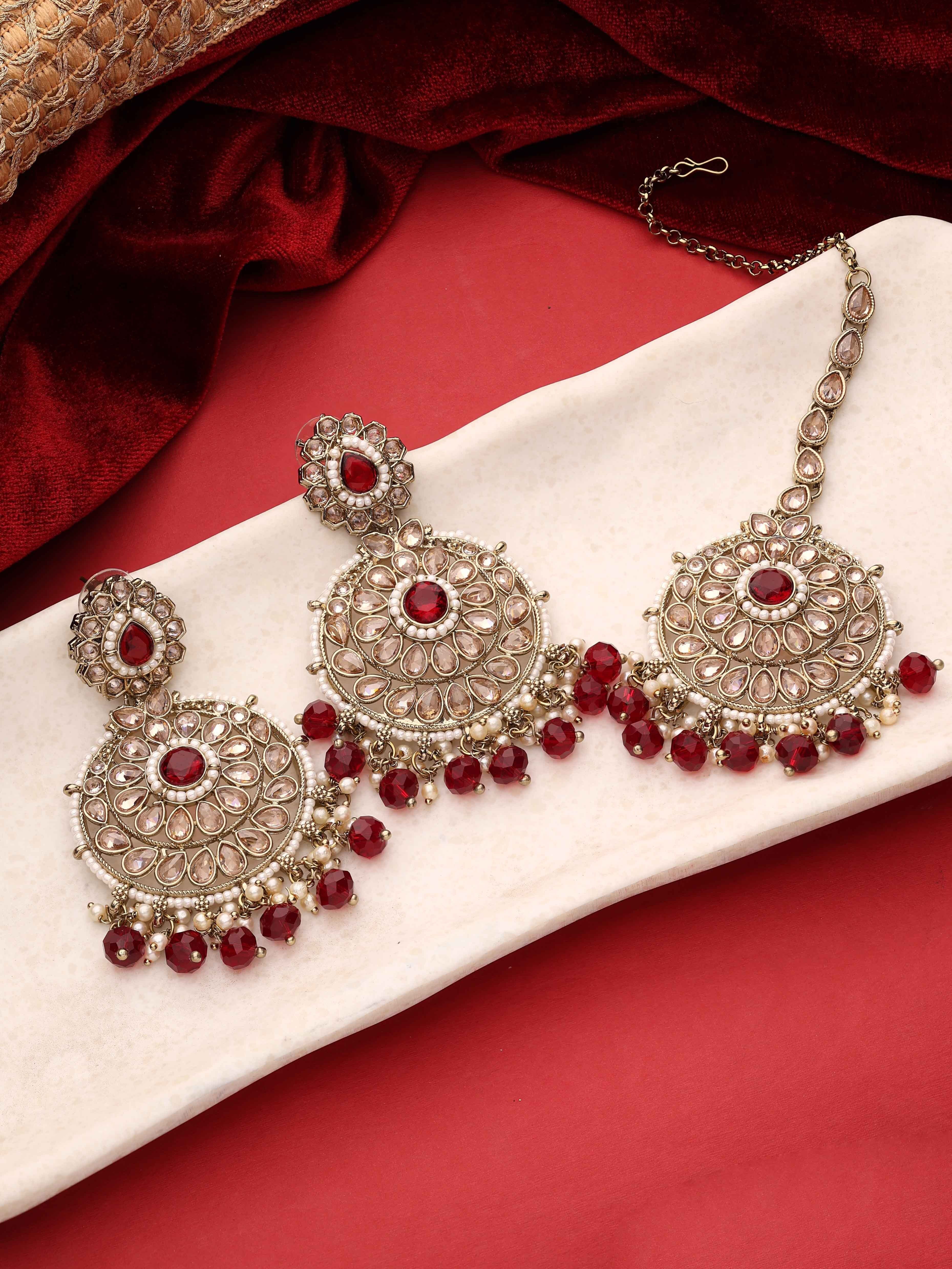 Reverse AD Earring Maangtikka Set|Royal Chandbali Earring Maangtikka Set|Traditional Indian Earring and Maangtikka set |Gift For Her .