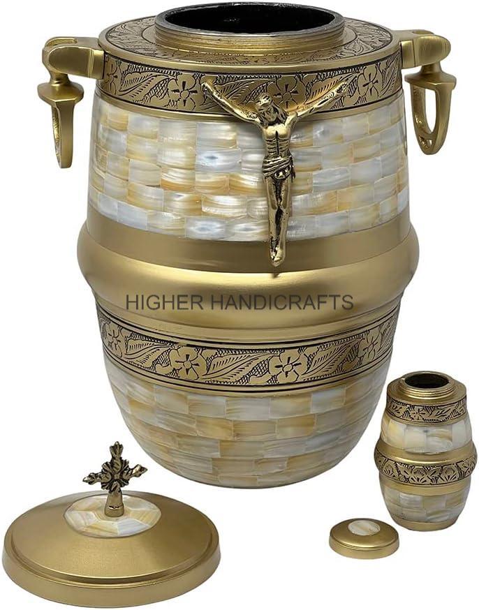 Brass European Brass Adult Cremation Urn for Ashes Large Size Religious Urn Mother of Pearl Funeral Urn Made by Brass
