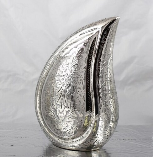 Silver Engraved Funeral Teardrop Cremation Urn with Screw Lid Bottom Opening - Cremation Urns Supplies