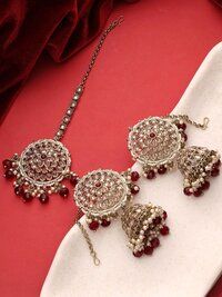 Reverse AD Earring Maangtikka Set| Blossom Bloom jhumki Maangtikka Set| Mehandi plated |Reverse AD Bridal Jewelry..