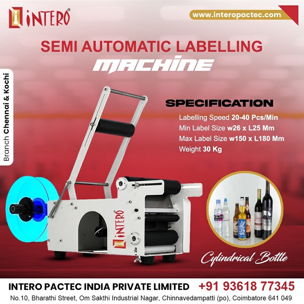 Semi Automatic Round Bottle Labeling Machine - MS Body, 2x1.5x2.5 Meters, Silver | High Performance, Low Noise, 40 Bottles Per Minute