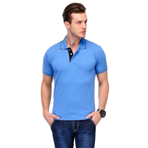 Customize Men Sky Blue Color Collar T Shirt