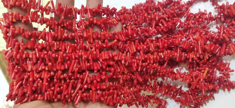 Natural Red Coral Stick Shape 10 to 15mm Beads Sold Per Strand 16 Inch long