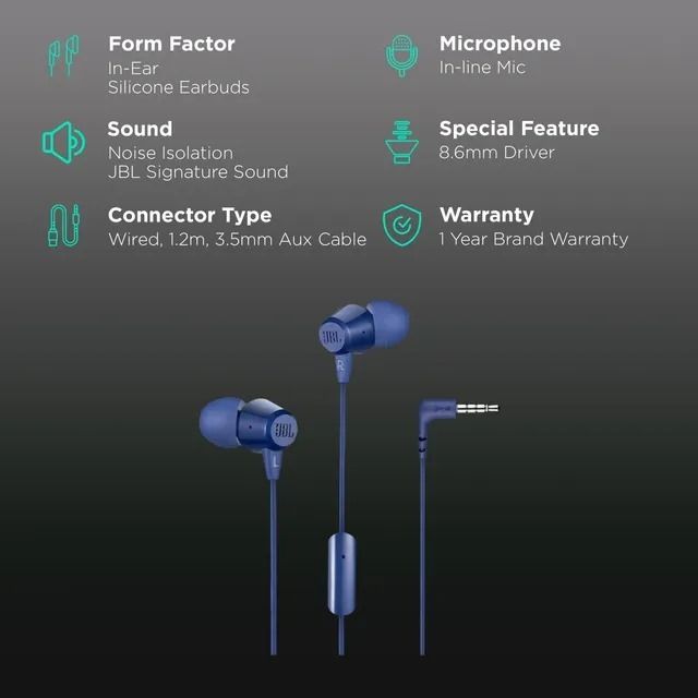 JBL T50HI Wired Earphone with Mic (In Ear, Blue)